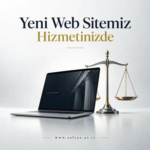 Yeni web sitemiz hizmetinizde başlıklı, dizüstü bilgisayar ve adalet terazisi görseli